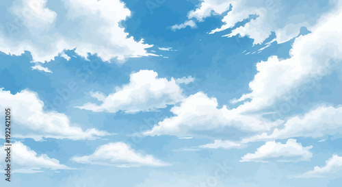 Vibrant Watercolor Sky with Fluffy Cumulus Clouds and Blue Hues - Artistic Illustration