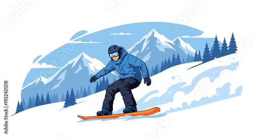 Snowboarder Descending Snowy Mountain Slope Amidst Majestic Peaks and Pine Trees