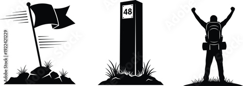 Silhouette of flag on mountain, milestone marker, and triumphant hiker Keywords: flag, mountain, peak, summit, achievement