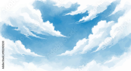 Dreamy Watercolor Sky with Soft Puffy Clouds and Blue Hues, Ethereal Atmosphere