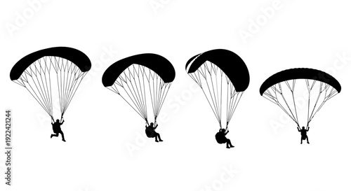 Diverse Paragliding Silhouettes in Action Against a White Background
