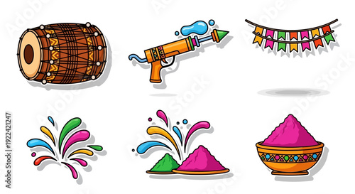 A vibrant collection of Holi festival elements including a dholak drum, water gun, colorful bunting, powder splashes, and bowls of gulal.