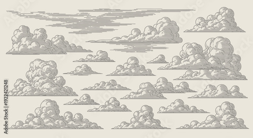 Vintage Hand-Drawn Cloud Illustrations, Stylized Sky Elements for Artistic Design