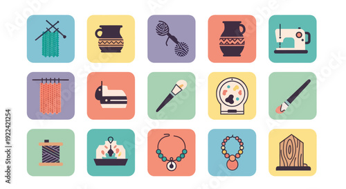 A colorful collection of flat design icons representing various handmade crafts and hobbies.
