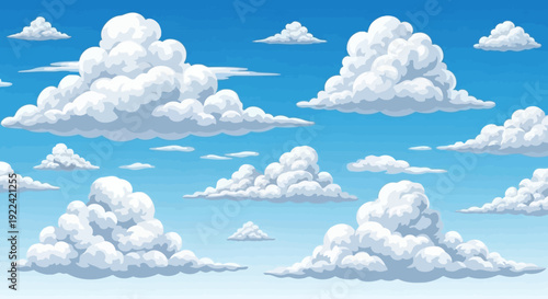Fluffy White Cumulus Clouds Floating in a Bright Blue Sky Background