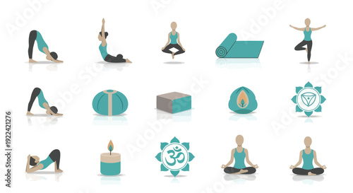 Yoga Poses and Meditation Accessories: A Collection of Flat Vector Icons.