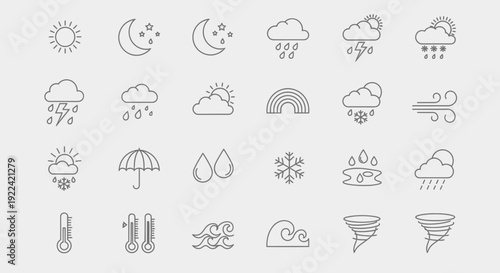 Set of Weather Icons and Symbols for Forecasts, Isolated on a Light Background