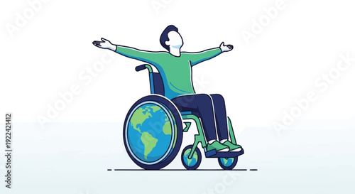 A person in a wheelchair with the Earth depicted on the wheel, symbolizing global accessibility and inclusion.