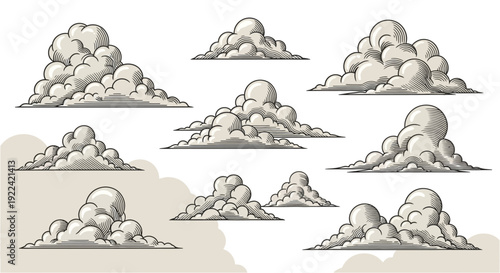 Set of Stylized Vintage Clouds in Retro Engraving Style for Design
