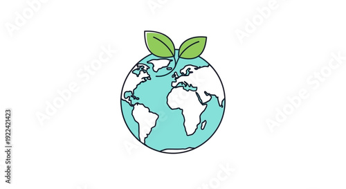 A stylized illustration of planet Earth with two green leaves sprouting from the top, symbolizing growth and environmental care.