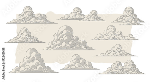 Set of Stylized Cumulus Clouds in a Retro Drawing Style, Vector Illustrations