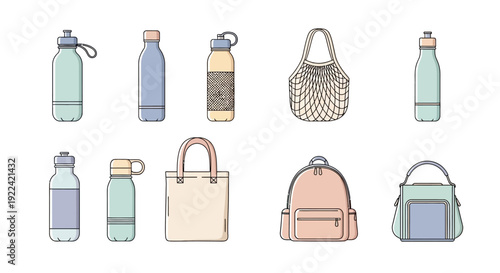 Collection of various reusable water bottles and bags for eco-friendly lifestyle