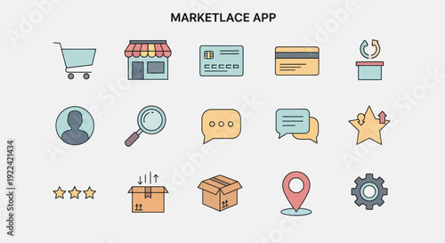 A collection of colorful flat line art icons for a marketplace app representing shopping and e-commerce concepts.