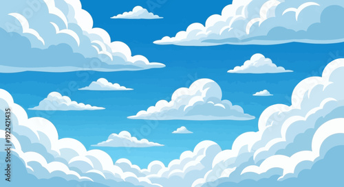 Vibrant Blue Sky with Fluffy White Cumulus Clouds in Cartoon Style