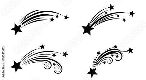 Four Black Shooting Stars with Trails and Swirls Vector Illustrations on White Background