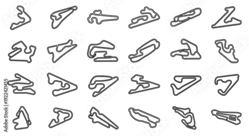 A collection of diverse racing circuit layouts, showcasing various track designs and configurations for motorsport.