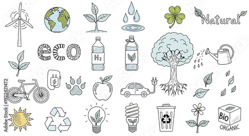 Eco-friendly lifestyle icons and symbols for environmental conservation and sustainability