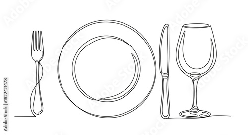 A minimalist line drawing depicts a formal place setting with a fork, plate, knife, and wine glass.