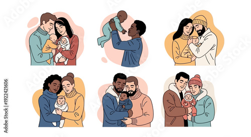 Diverse Modern Families and Babies, Vector Illustration Set
