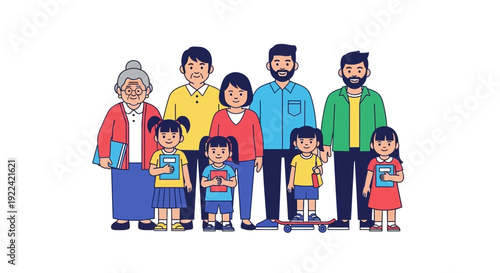 Diverse Asian Family Multi-Generational Group Portrait Flat Design Illustration
