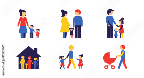 Diverse Family Concepts Illustrated with Modern, Colorful Flat Icons on White