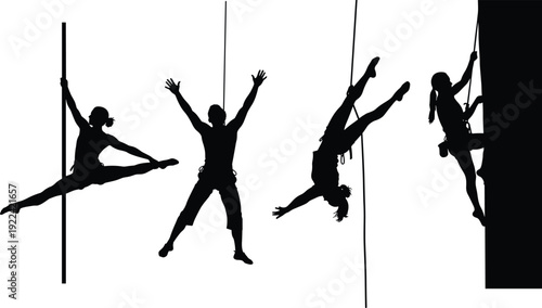 Silhouettes of people engaged in extreme sports and activities Keywords: silhouette, rock climbing, pole dancing, aerial