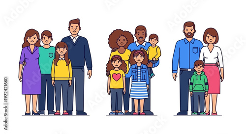 Diverse Cartoon Families of Various Ethnicities and Ages Posed Together