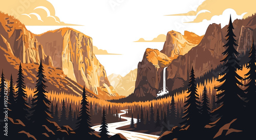 Stylized Vector Illustration of a Majestic Yosemite Valley Landscape with Mountains and Waterfall