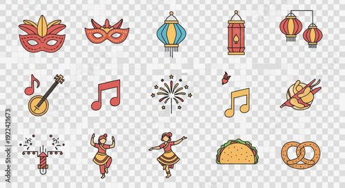 Colorful Carnival Masks Lanterns Musical Notes Fireworks Dancers Taco and Pretzel Icons.