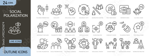 Social polarization icon set representing division, opposing views, debate, conflict, social tension, political differences, community split and public opinion contrast in clean outline vector style f