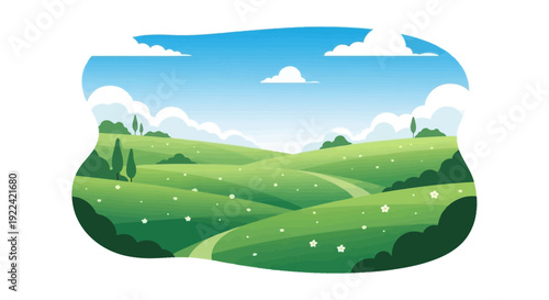Vibrant Green Rolling Hills Under a Bright Blue Sky with Fluffy Clouds
