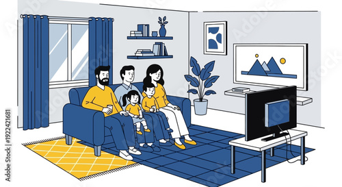 Family Watching Television Together on a Couch in a Modern Living Room