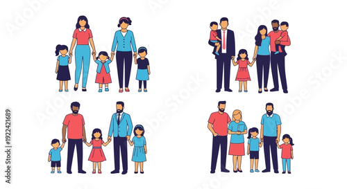 Diverse Family Groups Illustrated in Modern Flat Style with Children Holding Hands