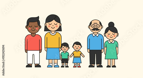 Diverse, happy multi-generational family portrait illustration, representing unity and togetherness