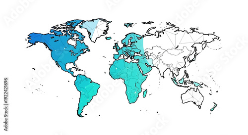 Global Map with Colored Continents Showing Geographic Distribution and Data Visualization