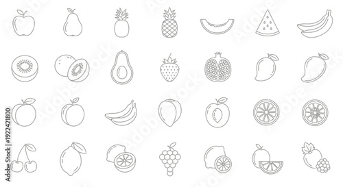 Set of Various Fresh Fruits Icons Collection in Outline Style, Vector Illustration