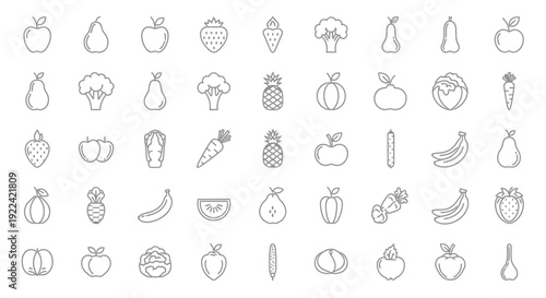 Diverse Collection of Outline Fruits and Vegetables Vector Icons, Healthy Food Concept
