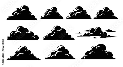 Diverse Collection of Black Cloud Silhouettes for Graphic Design and Weather Concepts