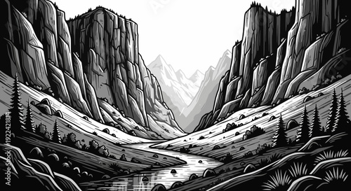 Majestic Mountain Valley with Winding River, Dramatic Cliffs, and Evergreen Trees