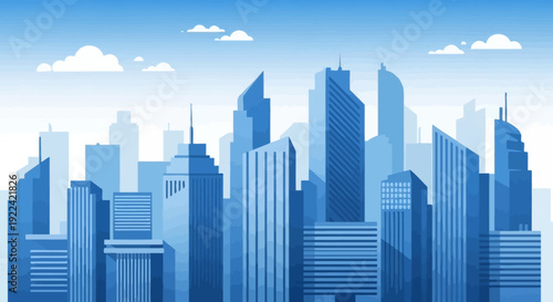 Modern Cityscape with Blue Skyscrapers and Cloudy Sky, Geometric Abstract Design