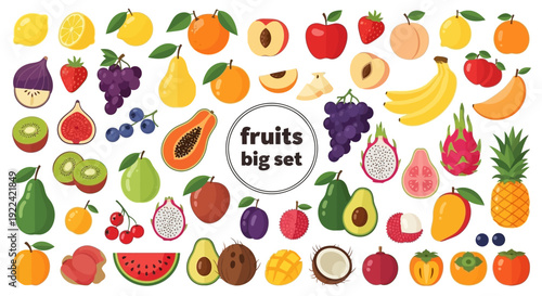 Vibrant Assortment of Fresh Fruits Big Set: Healthy Diet and Natural Food Illustrations