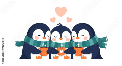 Three Cute Penguins Wearing Scarves and Drinking Hot Chocolate, Cozy Winter Scene