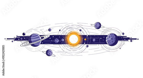 Stylized Solar System with Planets and Rings Orbiting a Bright Sun