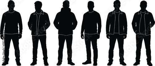 Six Silhouettes of Men in Casual Clothing Standing Side by Side Keywords: silhouettes, men, casual clothing, standing, side by