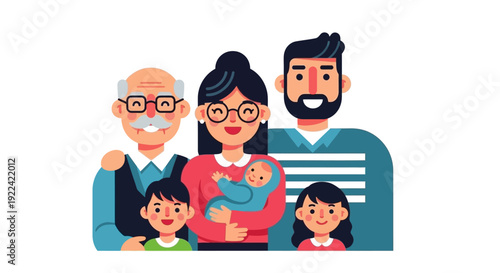 Happy Multigenerational Family Cartoon Vector Illustration Celebrating Togetherness and Unity
