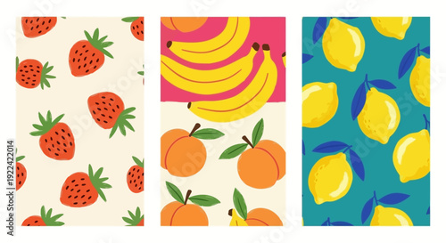 Assorted Fresh Fruits Pattern Collection on Cream and Teal Backgrounds