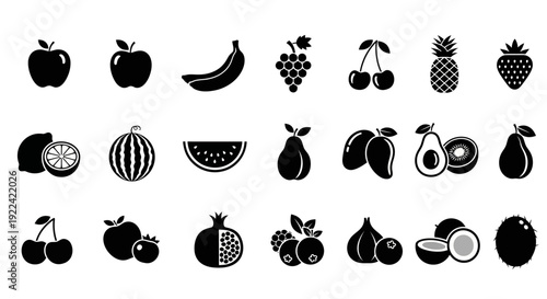 Assortment of Fresh Fruits and Berries, Vector Icons Collection for Healthy Eating