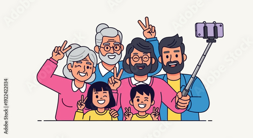 Happy Multigenerational Family Posing for a Selfie with a Phone and Stick