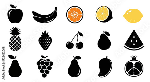 Collection of Diverse Fresh Fruits Silhouettes and Graphics on White Background