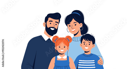 Happy Family Portrait Illustration: Parents and Two Children Posed Together in Studio